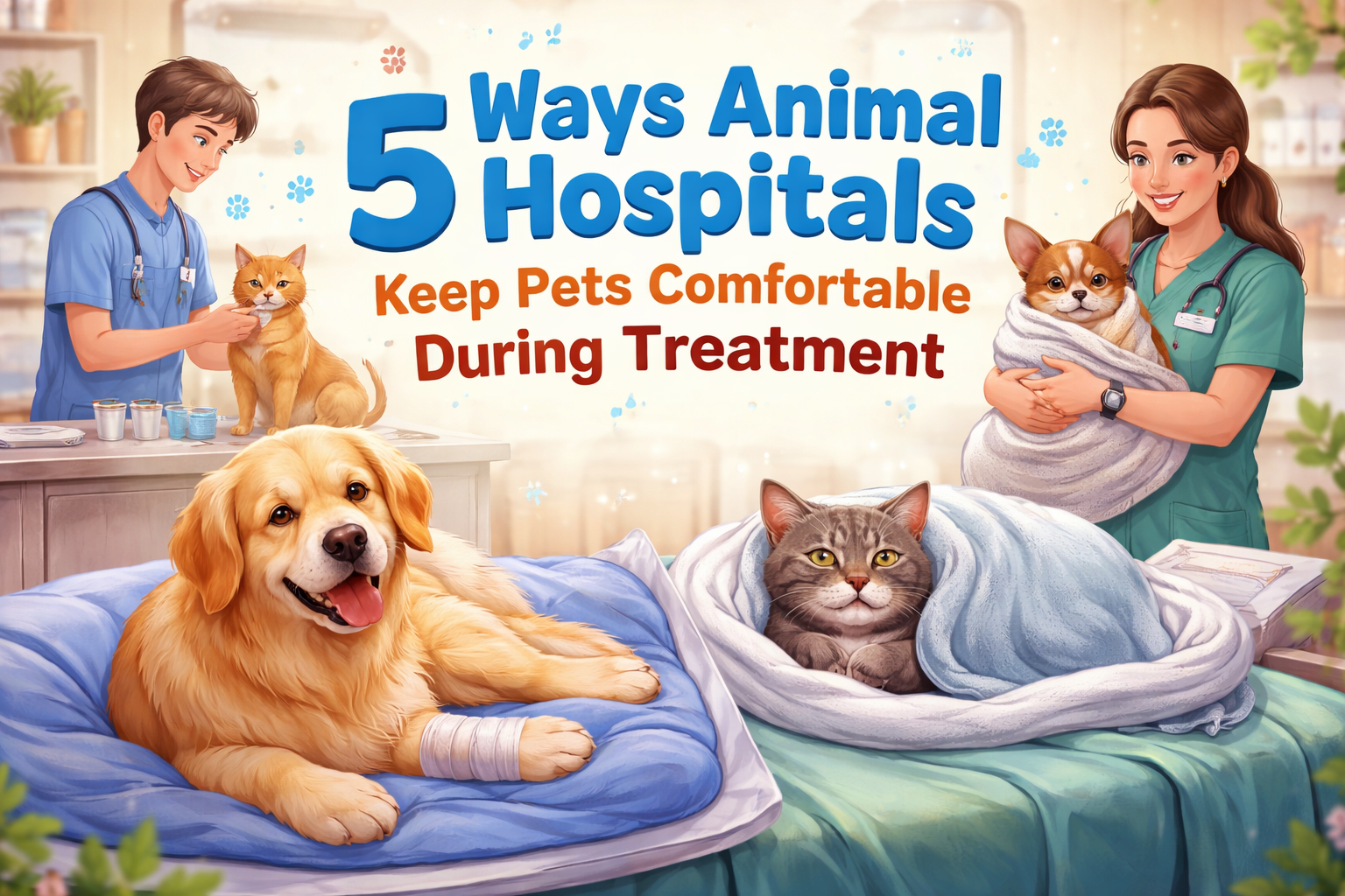 Veterinarians caring for a dog and cat in an animal hospital while demonstrating ways clinics keep pets comfortable during treatment.