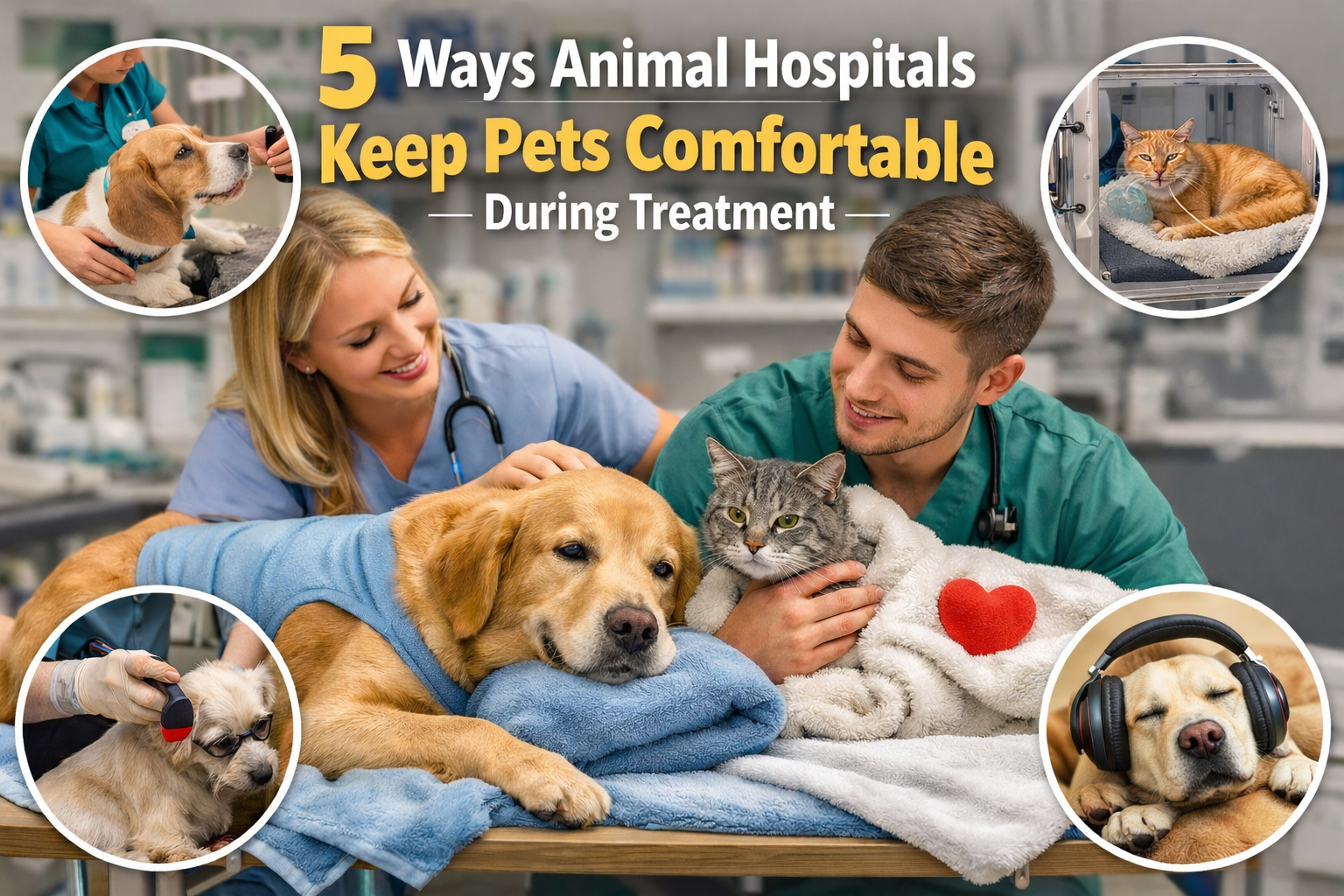Veterinary staff providing gentle care to a dog and cat in a modern animal hospital, showing how clinics keep pets comfortable during treatment.