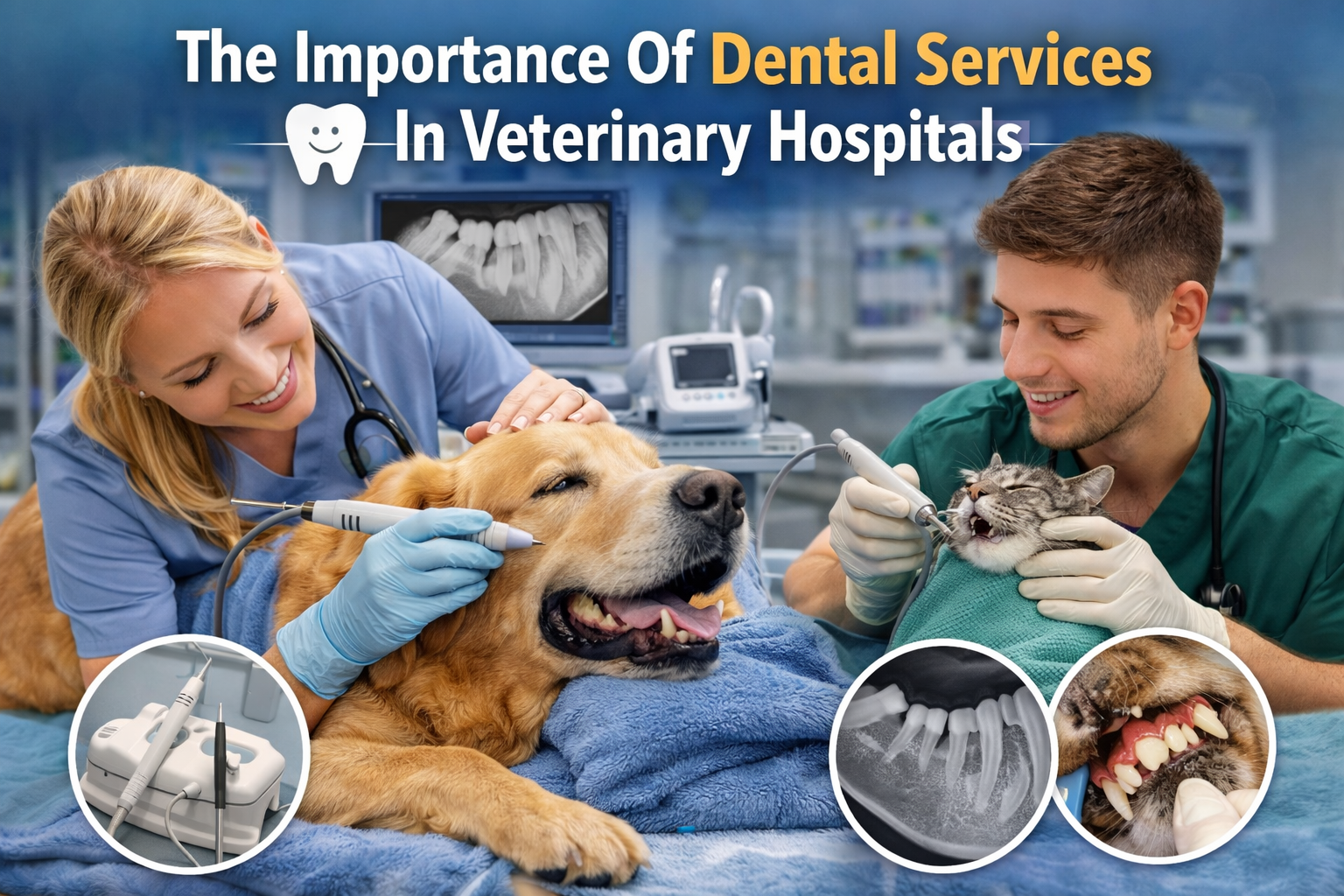 Veterinarian performing a dental checkup on a dog in a veterinary hospital, highlighting the importance of dental services for pet health.