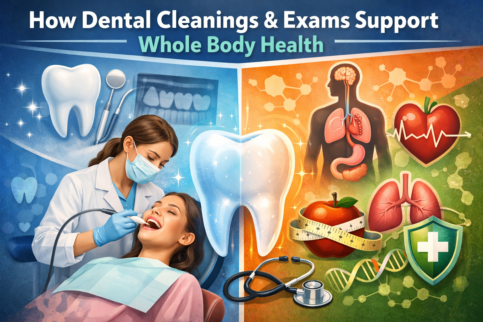 Dentist performing a dental cleaning on a patient with visual elements showing connection between oral health and overall body health, including heart, lungs, and wellness symbols.