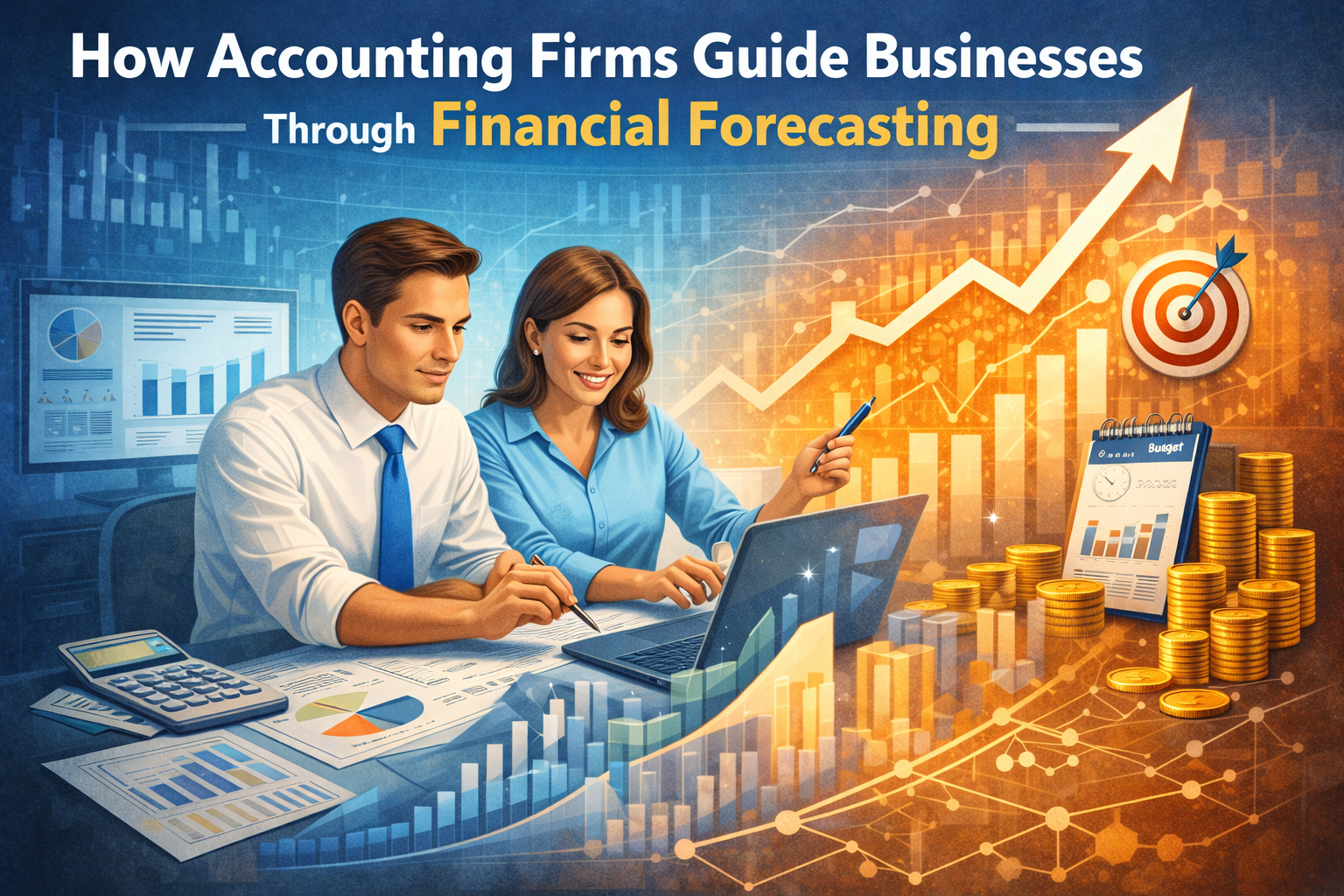 Accounting professionals analyzing financial reports and charts on a laptop, illustrating how accounting firms help businesses with financial forecasting and strategic planning.