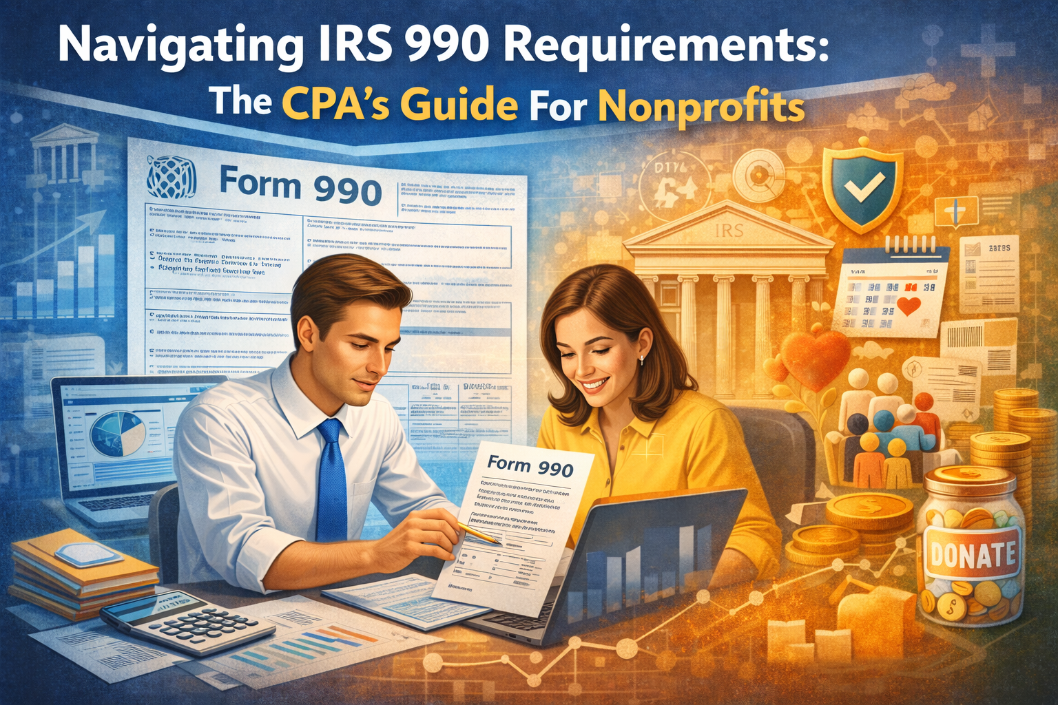 CPA reviewing IRS Form 990 documents with financial charts and nonprofit icons, illustrating guidance for nonprofits on tax reporting and compliance requirements.