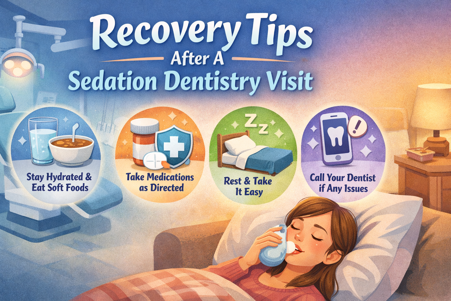 Illustration showing recovery tips after a sedation dentistry visit including rest, hydration, medications, and contacting the dentist.