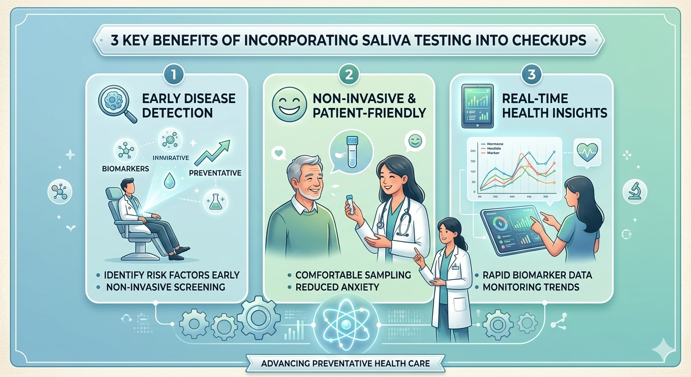 Three key benefits of saliva testing in medical checkups: early detection, patient comfort, and real-time health insights.
