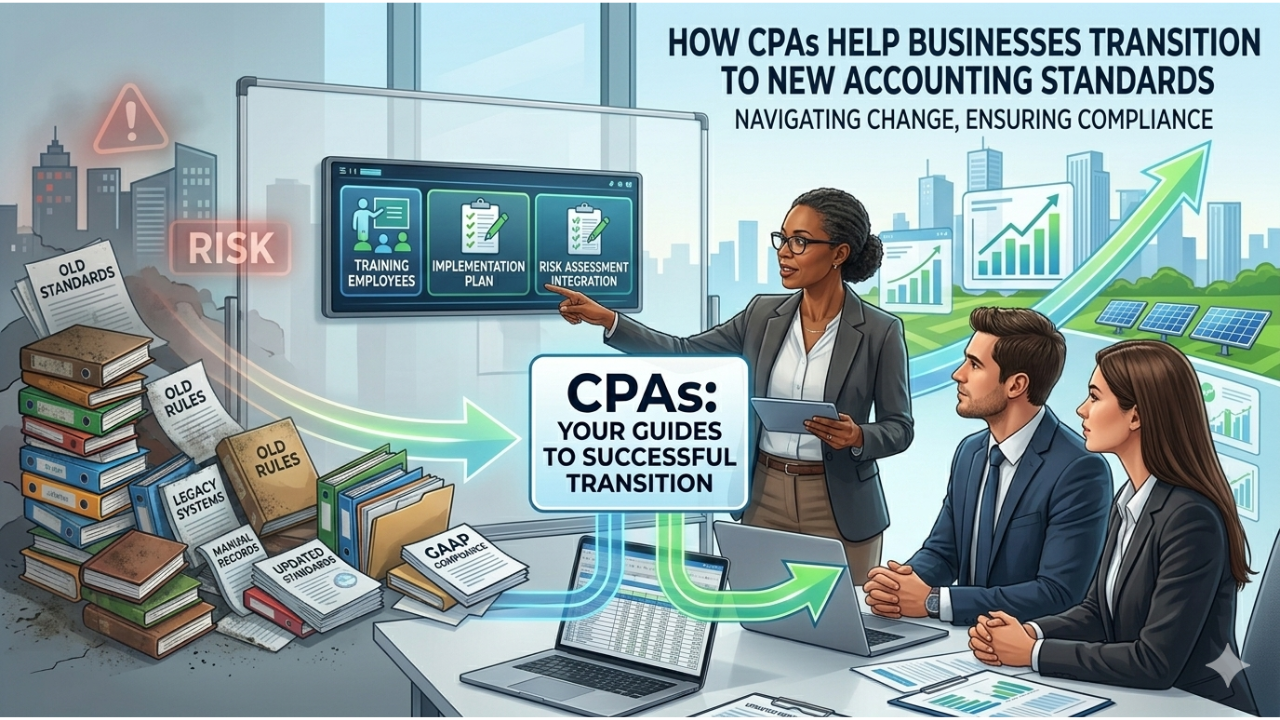 Professional CPA guiding a business through new accounting standards transition, featuring steps for risk assessment, employee training, and system updates.